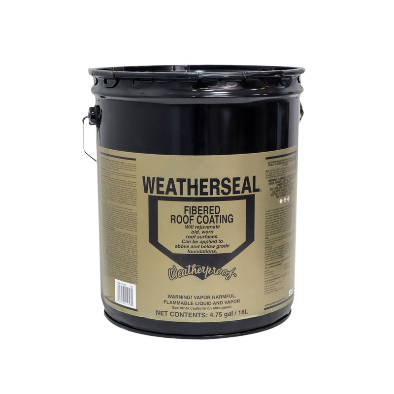 Black bucket of Weatherseal fibered roof coating on a white background