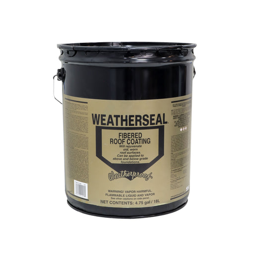 Black bucket of Weatherseal fibered roof coating on a white background
