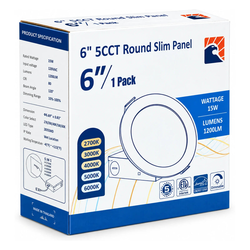 6 in. 5CCT Round Slim LED Panel Light, 15W, Dimmable - view 3