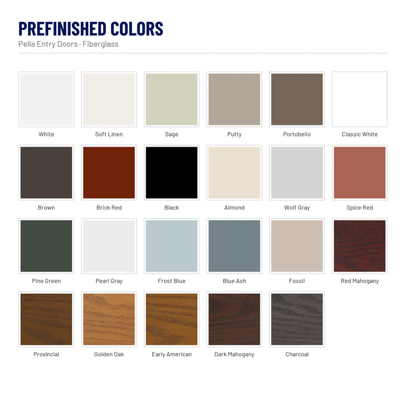 Pella Flush Glazed 3/4 Light Fiberglass Front Door prefinished colors: White, Soft Linen, Sage, Putty, Portobello, Classic White, Brown, Brick Red, Black, Almond, Wolf Gray, Spice Red and 11 more