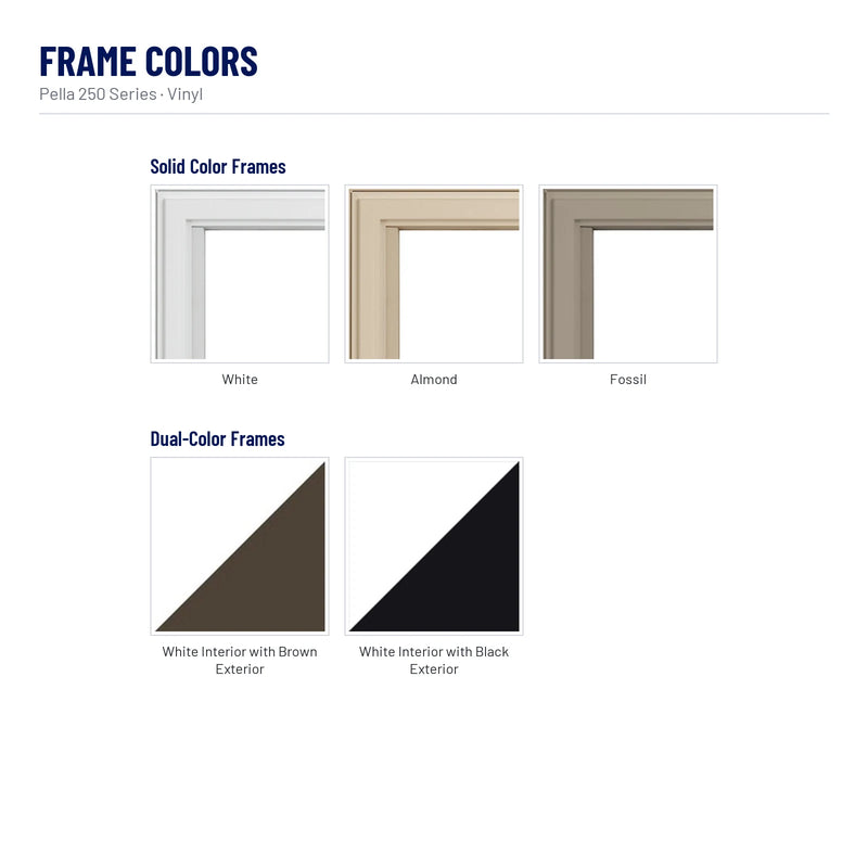 Pella 250 Series Vinyl Casement Window frame colors: White, Almond, Fossil, White Interior with Brown Exterior, White Interior with Black Exterior