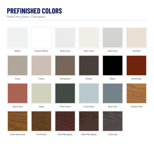 Pella 1/2 Light 1 Panel Plank Fiberglass Front Door prefinished colors: White, Classic White, Pearl Gray, Soft Linen, Wolf Gray, Almond, Putty, Fossil, Portobello, Brown, Black, Brick Red and 11 more