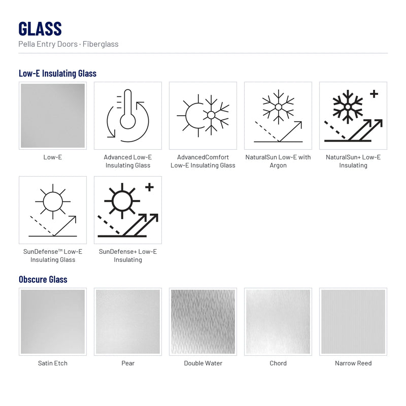 Pella 1/2 Light 1 Panel Plank Fiberglass Front Door glass: Low-E, Advanced Low-E Insulating Glass, AdvancedComfort Low-E Insulating Glass, NaturalSun Low-E with Argon, NaturalSun+ Low-E Insulating, SunDefense™ Low-E Insulating Glass, SunDefense+ Low-E Insulating, Satin Etch, Pear, Double Water, Chord, Narrow Reed