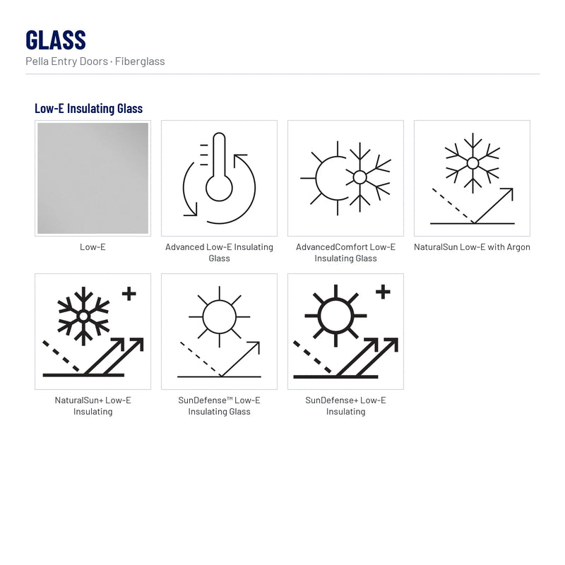 Pella Twin Colonial Light Fiberglass Front Door glass: Low-E, Advanced Low-E Insulating Glass, AdvancedComfort Low-E Insulating Glass, NaturalSun Low-E with Argon, NaturalSun+ Low-E Insulating, SunDefense™ Low-E Insulating Glass, SunDefense+ Low-E Insulating