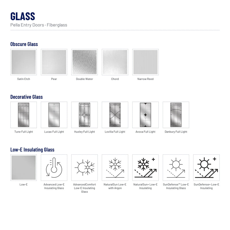 Pella Full Light Fiberglass Front Door glass: Satin Etch, Pear, Double Water, Chord, Narrow Reed, Tune Full Light, Lucas Full Light, Huxley Full Light, Lovilia Full Light, Avoca Full Light, Danbury Full Light, Low-E and 6 more