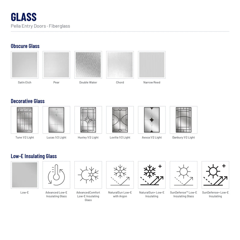 Pella 1/2 Light 2 Panel Fiberglass Front Door glass: Satin Etch, Pear, Double Water, Chord, Narrow Reed, Tune 1/2 Light, Lucas 1/2 Light, Huxley 1/2 Light, Lovilia 1/2 Light, Avoca 1/2 Light, Danbury 1/2 Light, Low-E and 6 more