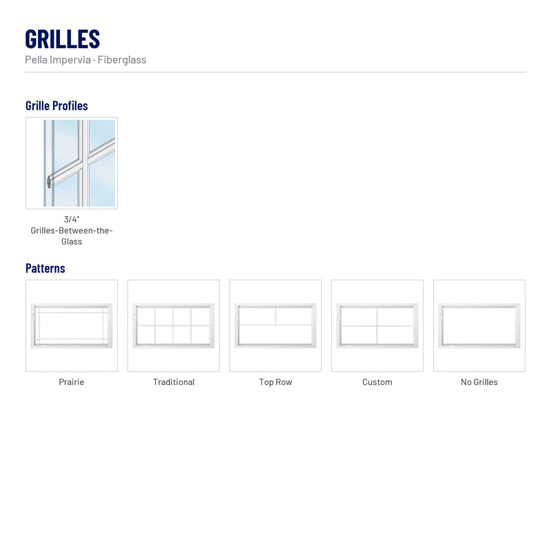 Pella Impervia Fiberglass Awning Window grilles: 3/4" Grilles-Between-the-Glass, Prairie, Traditional, Top Row, Custom, No Grilles