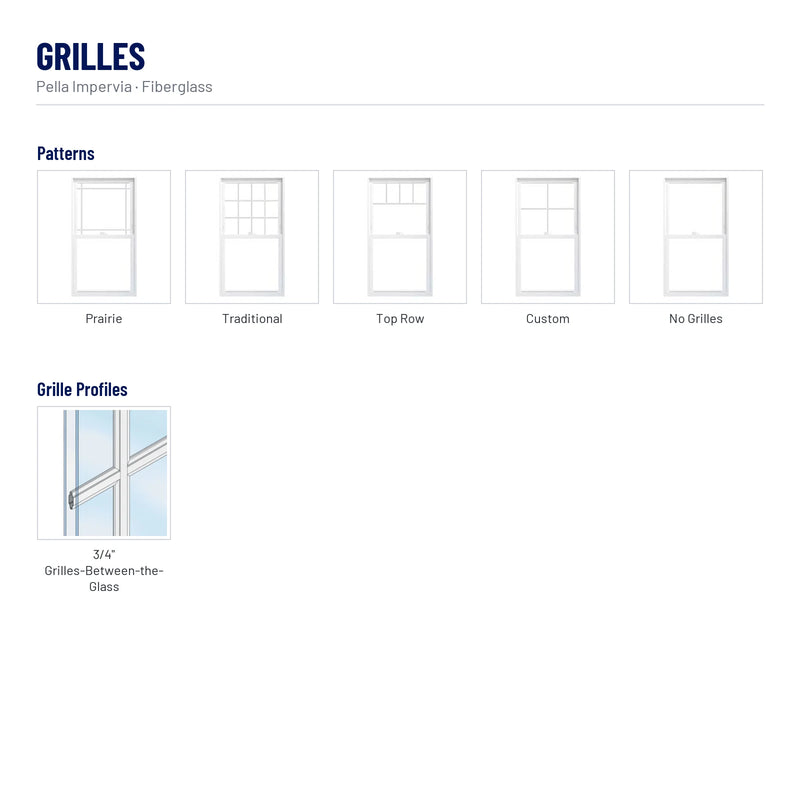 Pella Impervia Fiberglass Single-Hung Window grilles: Prairie, Traditional, Top Row, Custom, No Grilles, 3/4" Grilles-Between-the-Glass
