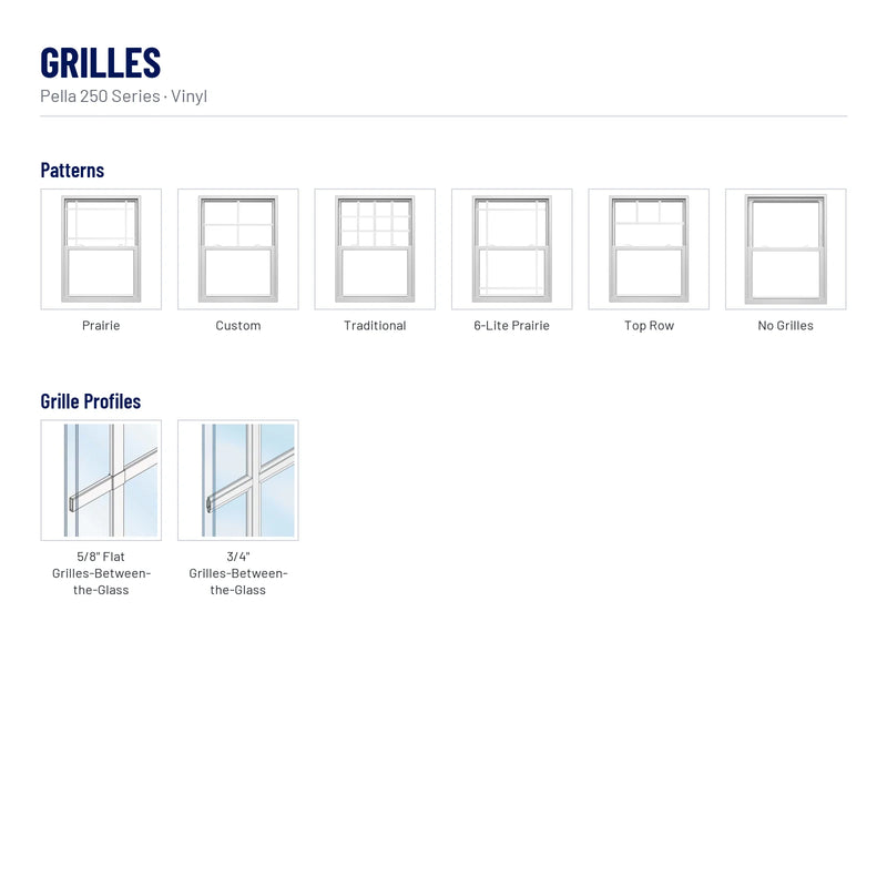 Pella 250 Series Vinyl Single-Hung Window grilles: Prairie, Custom, Traditional, 6-Lite Prairie, Top Row, No Grilles, 5/8" Flat Grilles-Between-the-Glass, 3/4" Grilles-Between-the-Glass