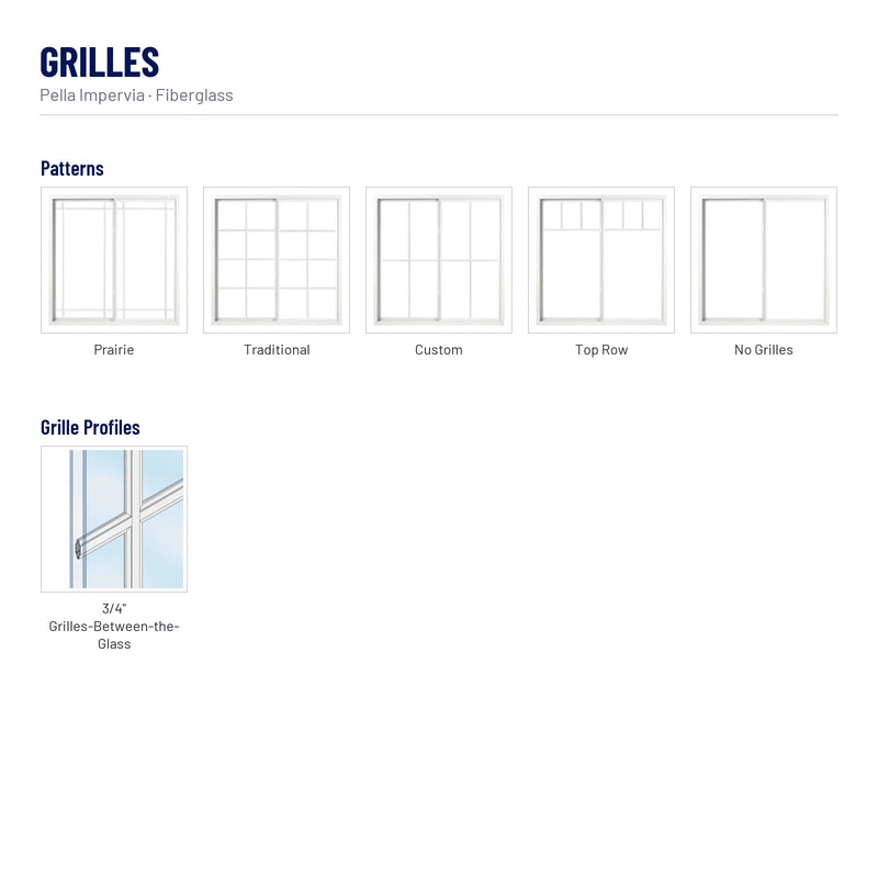 Pella Impervia Fiberglass Sliding Window grilles: Prairie, Traditional, Custom, Top Row, No Grilles, 3/4" Grilles-Between-the-Glass