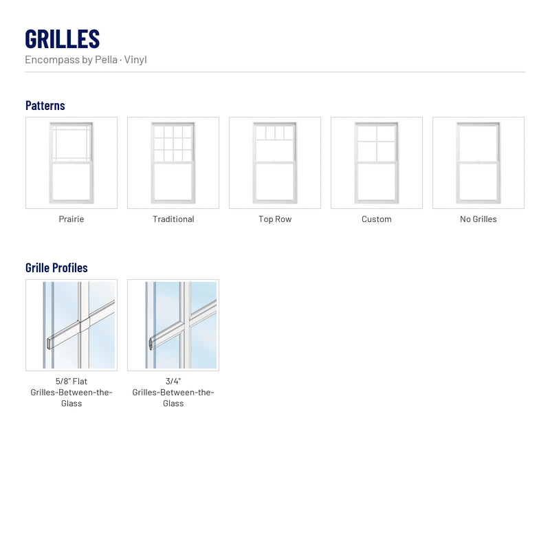 Encompass by Pella Vinyl Single-Hung Window grilles: Prairie, Traditional, Top Row, Custom, No Grilles, 5/8" Flat Grilles-Between-the-Glass, 3/4" Grilles-Between-the-Glass