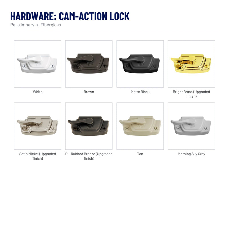 Pella Impervia Fiberglass Bay Window hardware, Cam-Action Lock: White, Brown, Matte Black, Bright Brass (Upgraded finish), Satin Nickel (Upgraded finish), Oil-Rubbed Bronze (Upgraded finish), Tan, Morning Sky Gray