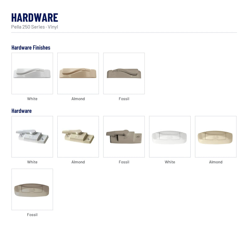 Pella 250 Series Vinyl Bay Window hardware: White, Almond, Fossil, White, Almond, Fossil, White, Almond, Fossil