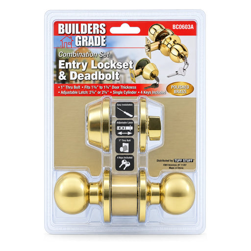 Builders Grade Entry Lockset and Deadbolt Set, Polished Brass